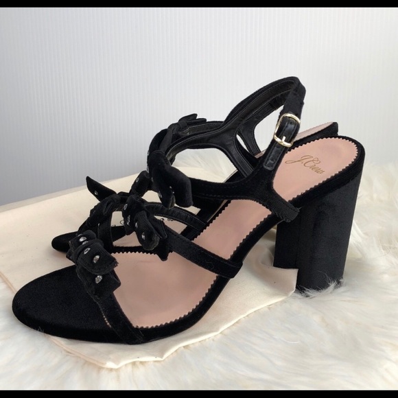 J Crew Black Velvet Bow Rhinestone Strappy Heels - Picture 6 of 7